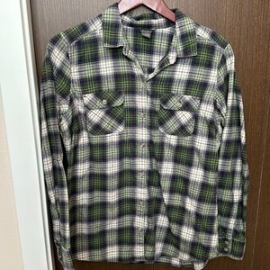Eddie Bauer, green and purple plaid flannel button up shirt, size medium